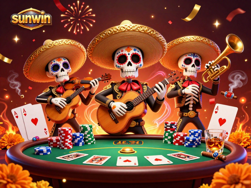 Join the lively sunwin mariachi band at a poker table, surrounded by festive gambling elements.