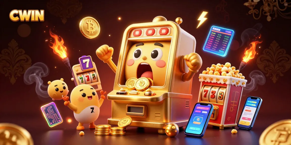 Experience exciting jackpots at CWIN, with vibrant slot machines and glowing coins cascading around a golden theme.