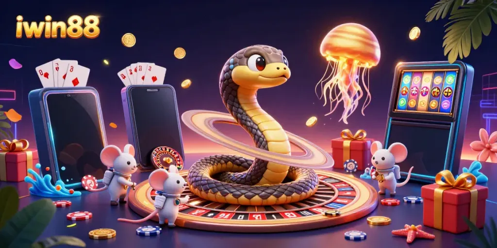 Engage with iwin88 as astronaut mice bet on a Saturn roulette wheel in a vibrant casino scene.