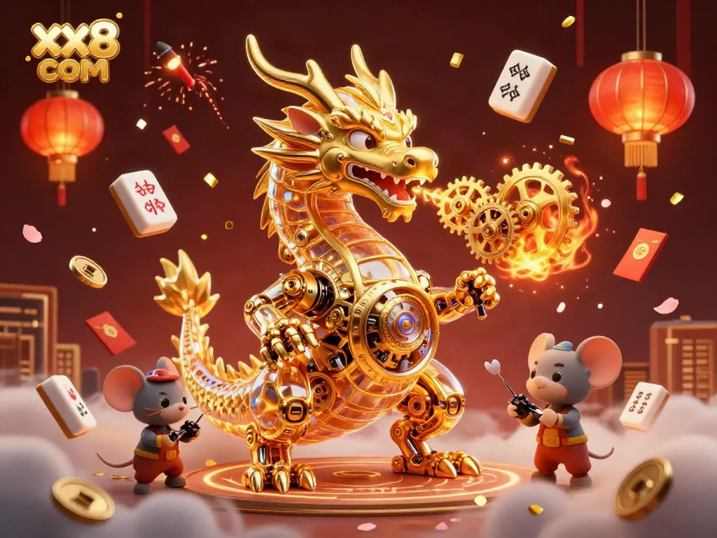 Experience explosive gaming action in this vibrant illustration of xx8 com, featuring a golden dragon breathing gears and cogs.