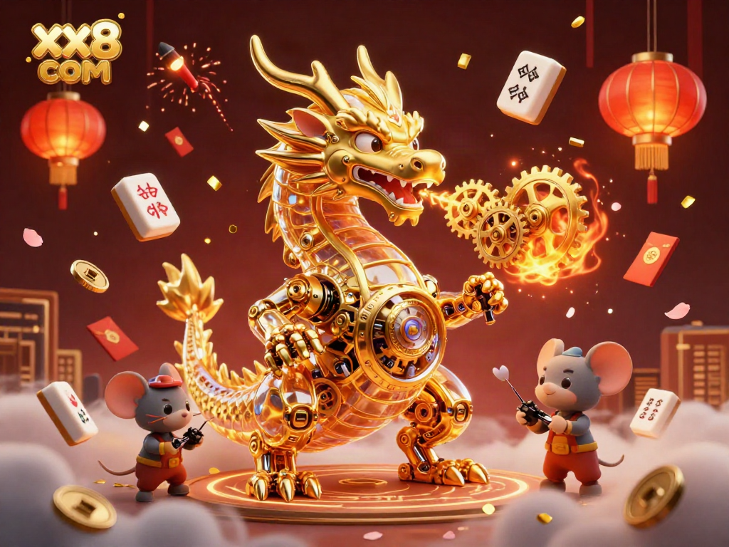 Experience explosive gaming action in this vibrant illustration of xx8 com, featuring a golden dragon breathing gears and cogs.