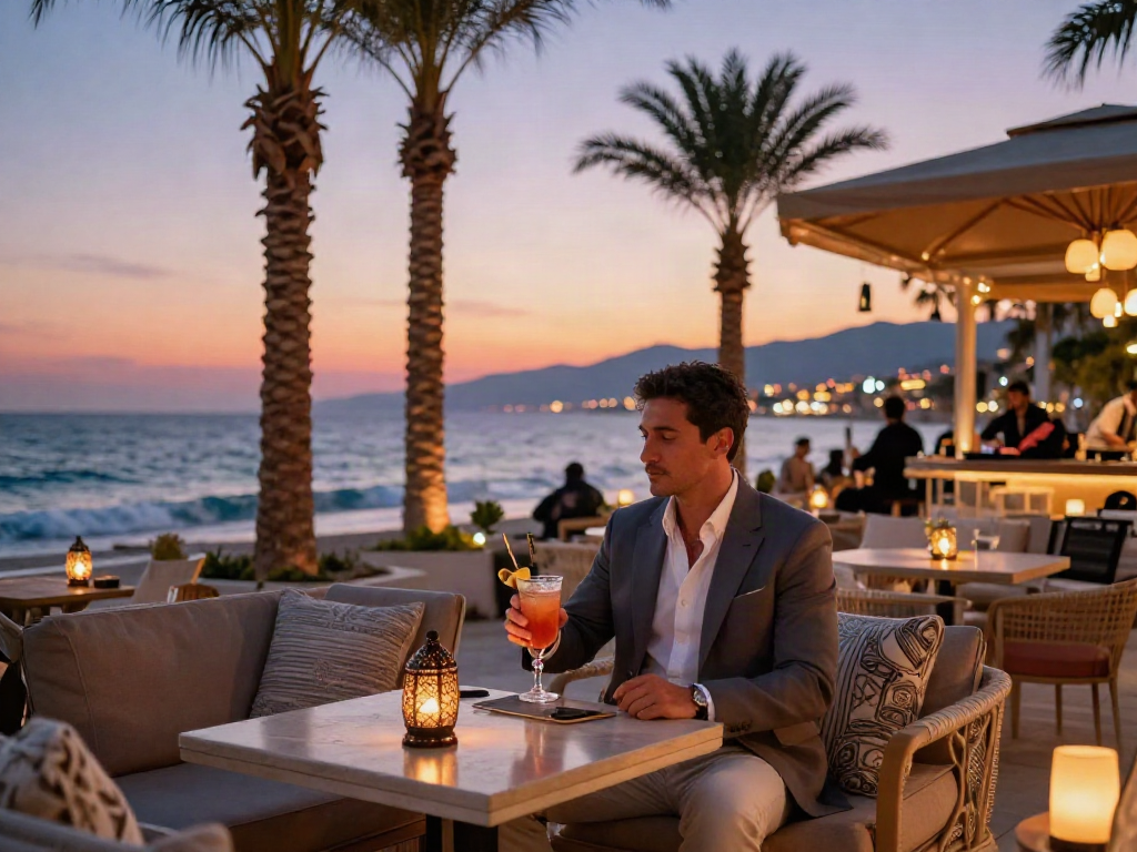 Antalya Eskort scene: gentleman in luxurious lounge, sunset, relaxed ambiance