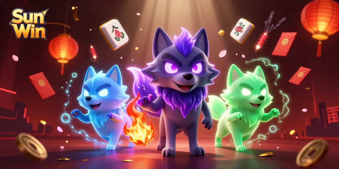 Experience the excitement of Sun Win with dynamic wolves, glowing mahjong tiles, and festive decorations.