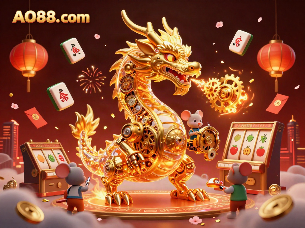 Experience the excitement of AO88. com with a golden dragon and vibrant casino elements in a dynamic illustration.