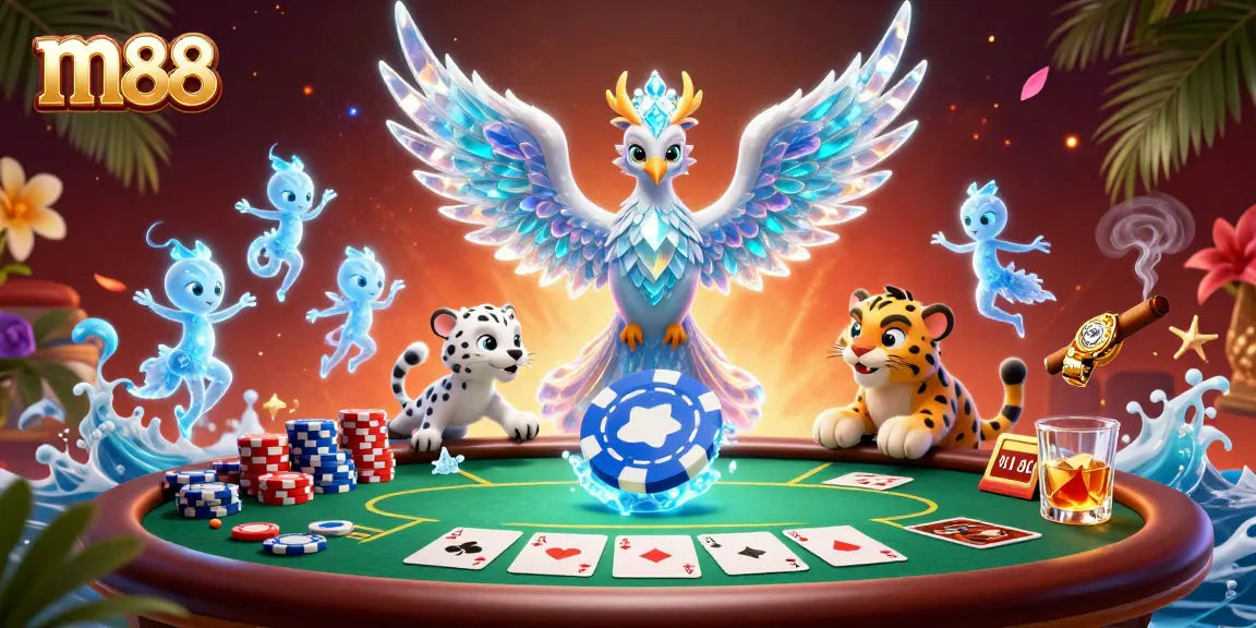 Experience thrilling poker action with m88's vibrant casino scene featuring unique characters and game elements.