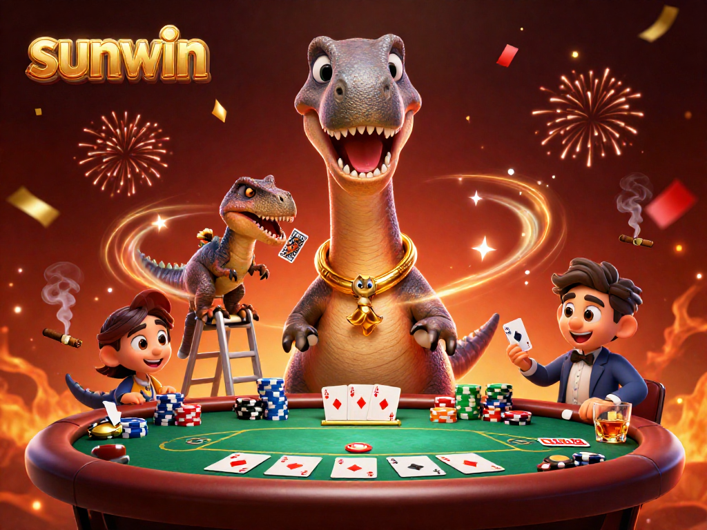 Sunwin-themed poker scene featuring a giant dinosaur and a clever raptor dealing cards