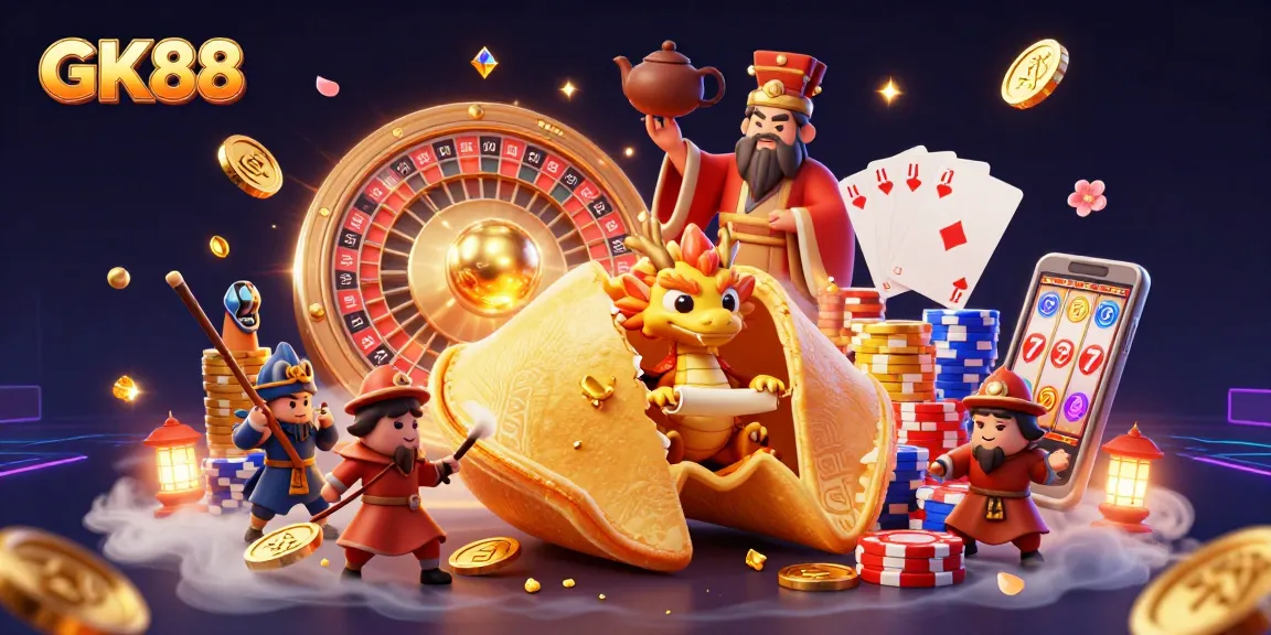 Experience GK88’s rich casino experience with golden elements and lively characters