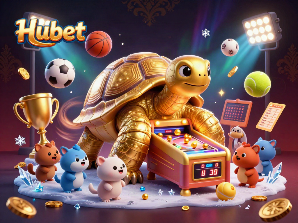 Hubet online casino featuring a colossal golden tortoise and dynamic sports elements for engaging play.