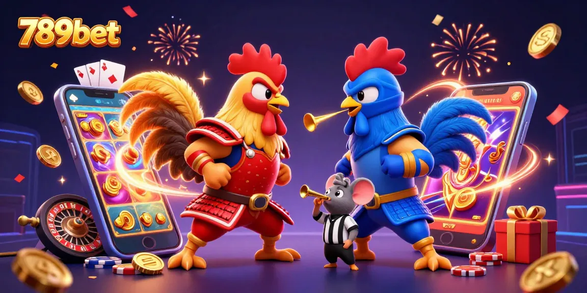 Experience thrilling action with 789bet's fighting roosters in an exciting casino scene.