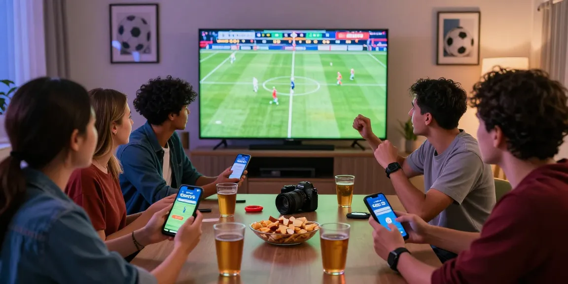 Friends enjoying Gacor 25 betting experience during World Cup, lively atmosphere with football match on screen.