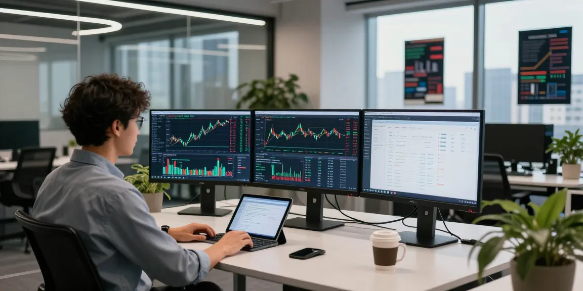 Visualizing historical Kline data API in a modern fintech office, showcasing real-time trading charts and developer workspace.