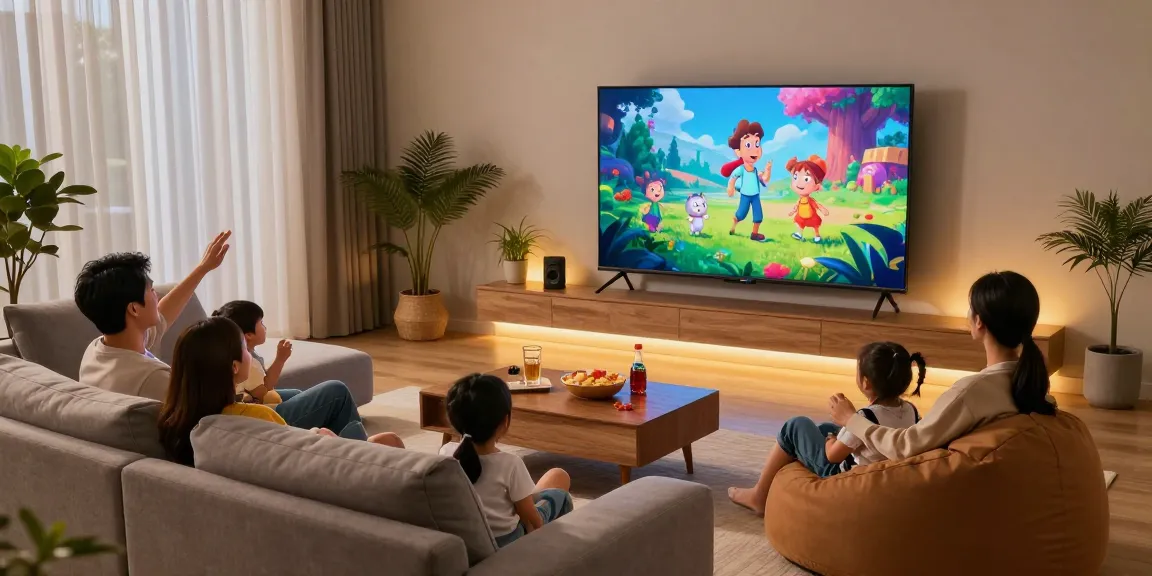 Family enjoying movie night with smart TV 2026 in a cozy living room setting.
