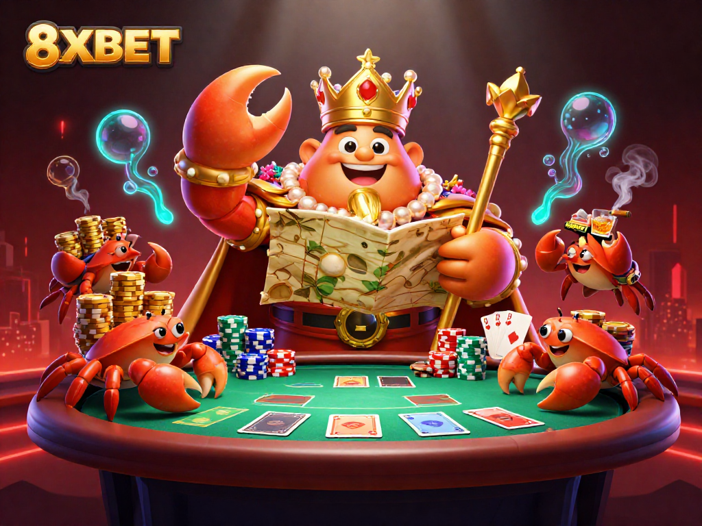 Experience thrilling gameplay with 8XBET's vibrant casino scene featuring poker and treasure elements.