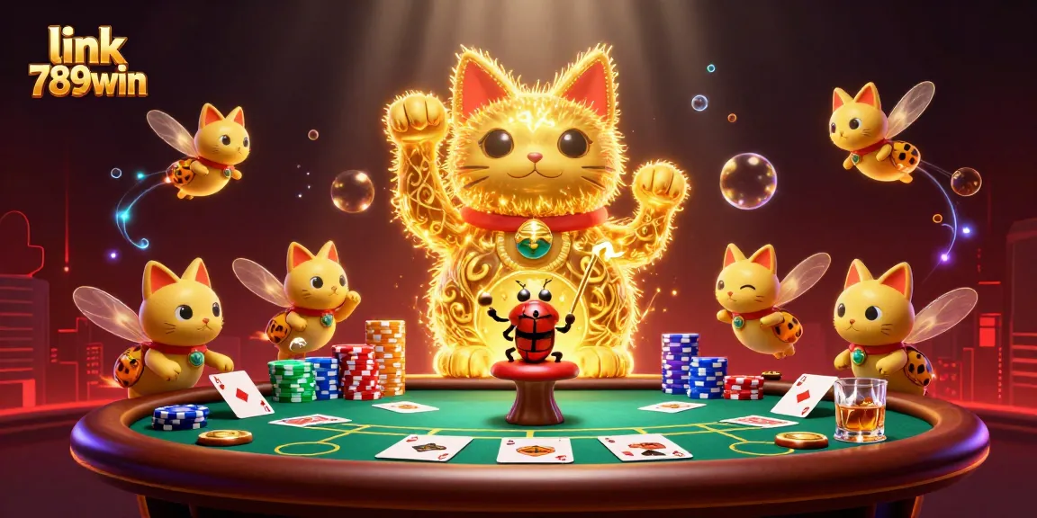 Play exciting games at link 789win, featuring a vibrant casino scene with golden fireflies and poker elements.