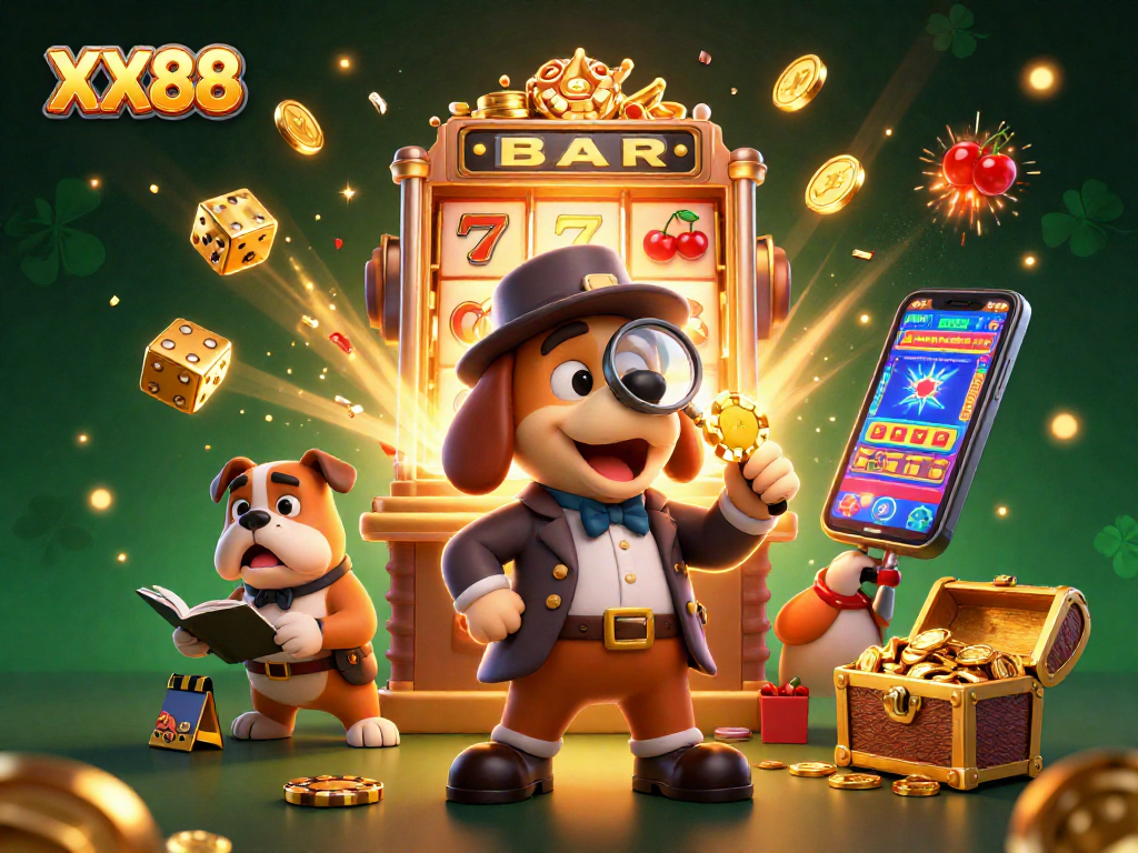 Experience thrilling gaming action at XX88 with our detective duo uncovering jackpot secrets in a vibrant illustration.