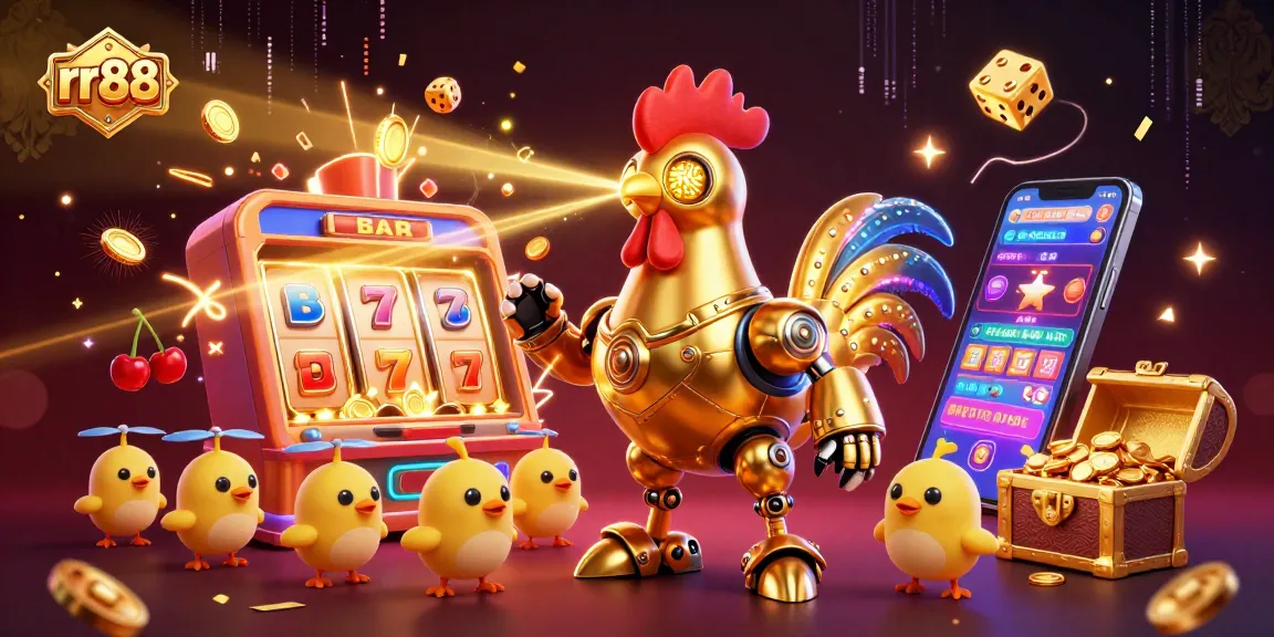 Experience rr88 with golden rooster robot and dynamic casino elements in a vibrant illustration.
