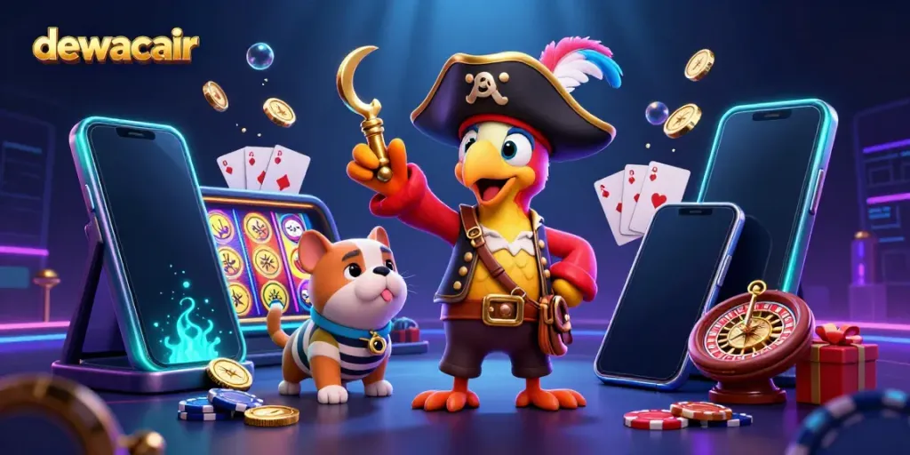 Dewacair showcases a vibrant casino scene with characters amidst colorful slot games and swirling coins.