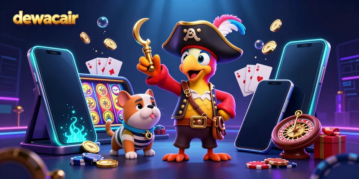 Dewacair showcases a vibrant casino scene with characters amidst colorful slot games and swirling coins.