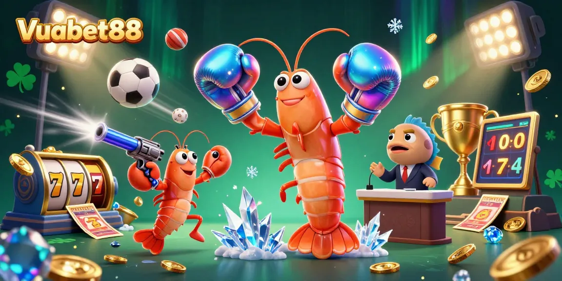 Engage with thrilling games at Vuabet88, featuring dynamic scenes of slot reels and vibrant characters.