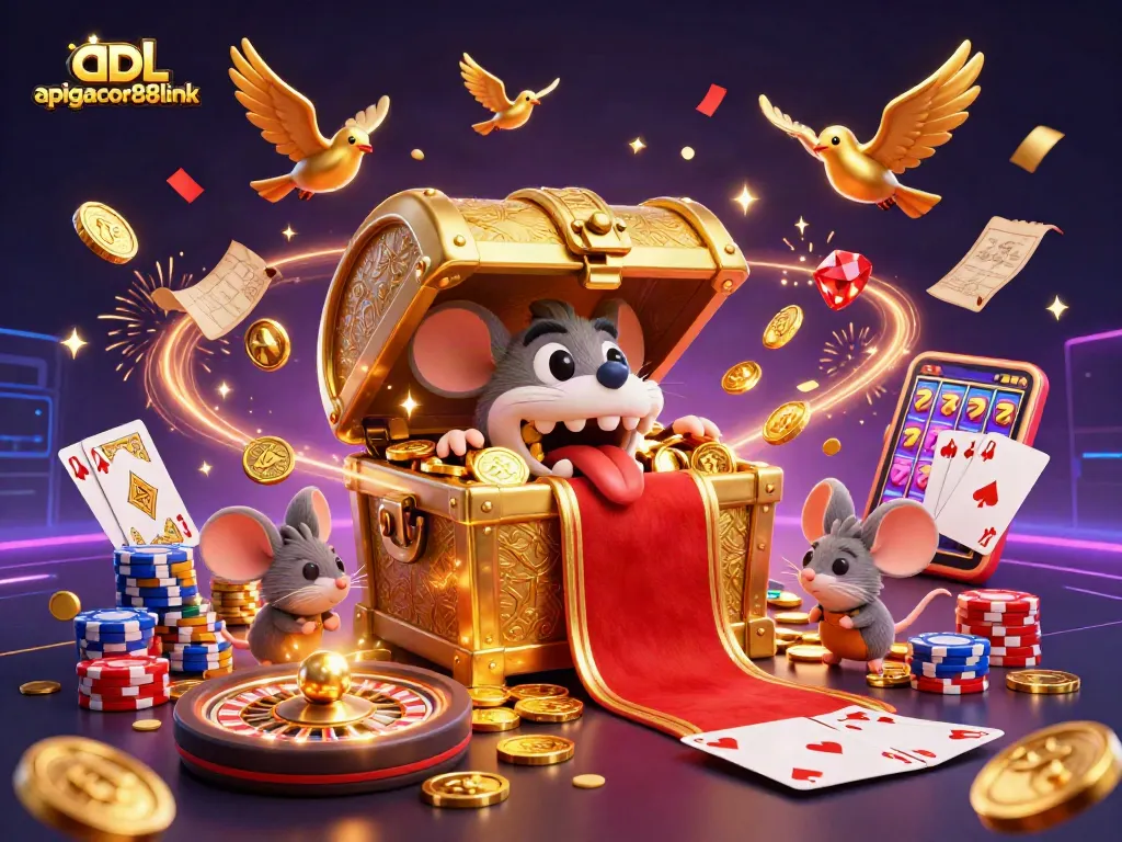Experience rich gaming with apigacor88link's colorful treasure chest and vibrant casino elements.
