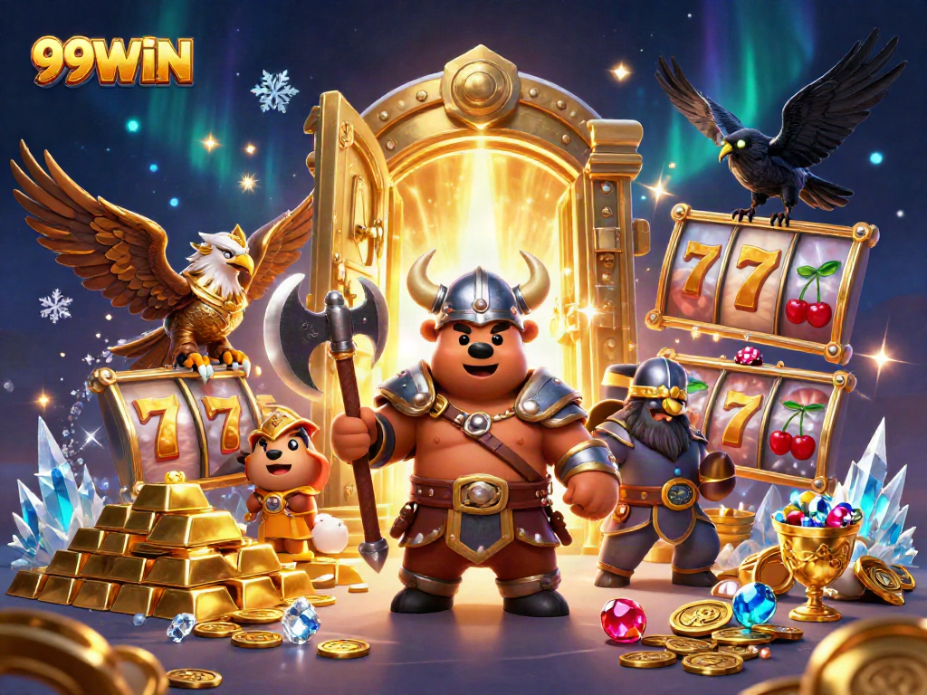 Engage with thrilling slots at 99WIN, featuring a Viking bear and Valkyrie eagle amidst golden treasures.