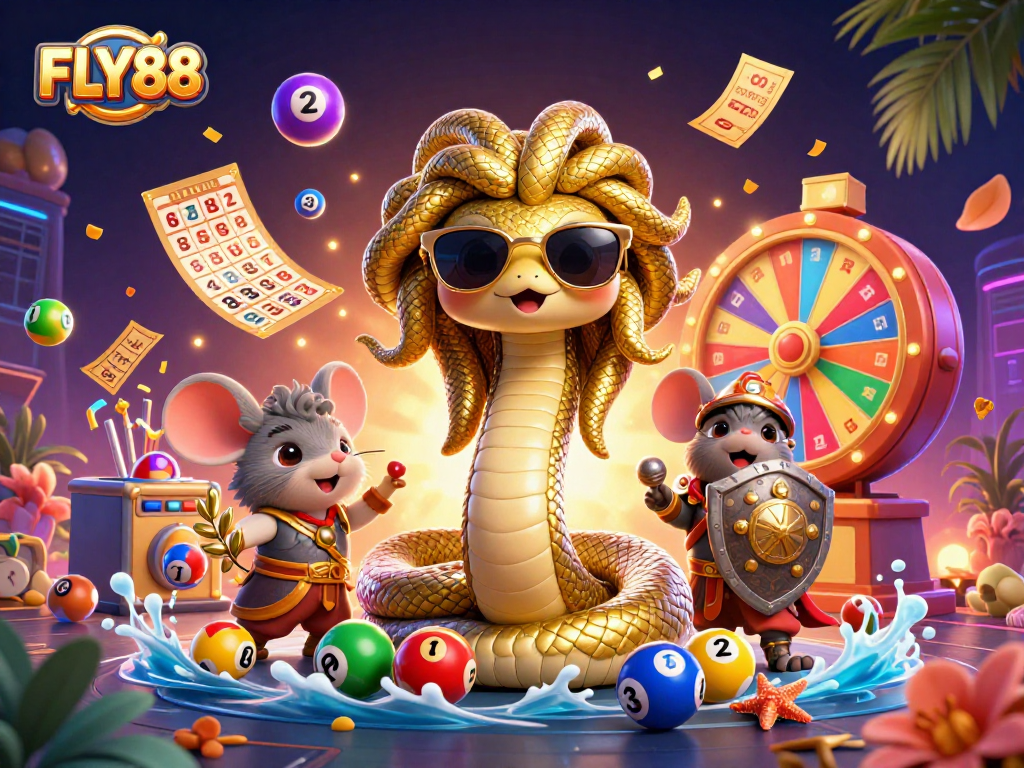 FLY88 shows Medusa and a warrior mouse in a vibrant lottery scene with colorful elements.