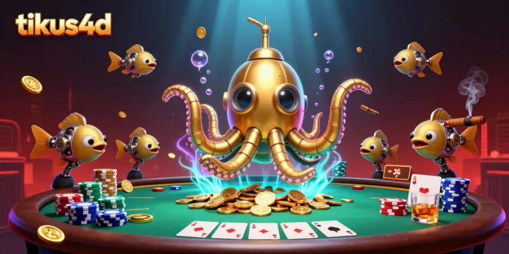 Join the action with tikus4d as the golden kraken submarine surfaces through riches in a vibrant casino scene.