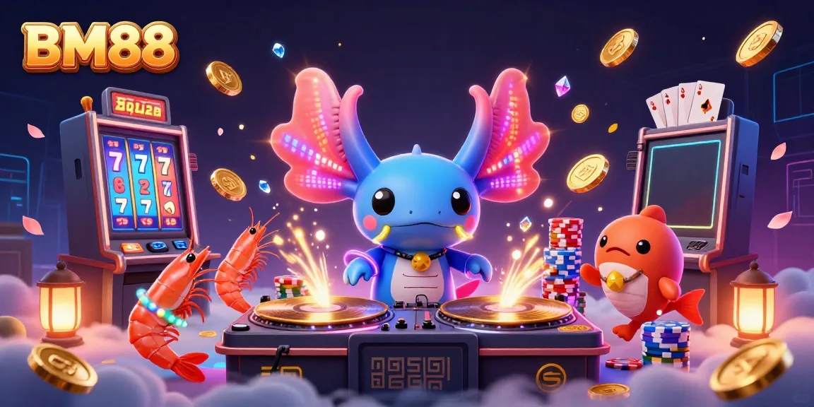 Experience the vibrant energy of BM88 with a neon-colored DJ and lively casino elements.