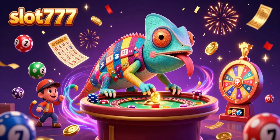 Spin to win on slot777 with a vibrant illustration of a chameleon casino owner amidst dynamic gambling elements.