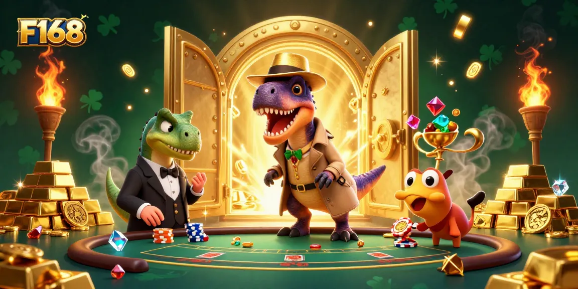 F168 velociraptor at a blackjack table, surrounded by gaming treasures and animated action.