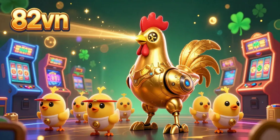 Engage with 82vn's exciting casino slots featuring a golden rooster robot and baby chick drones.