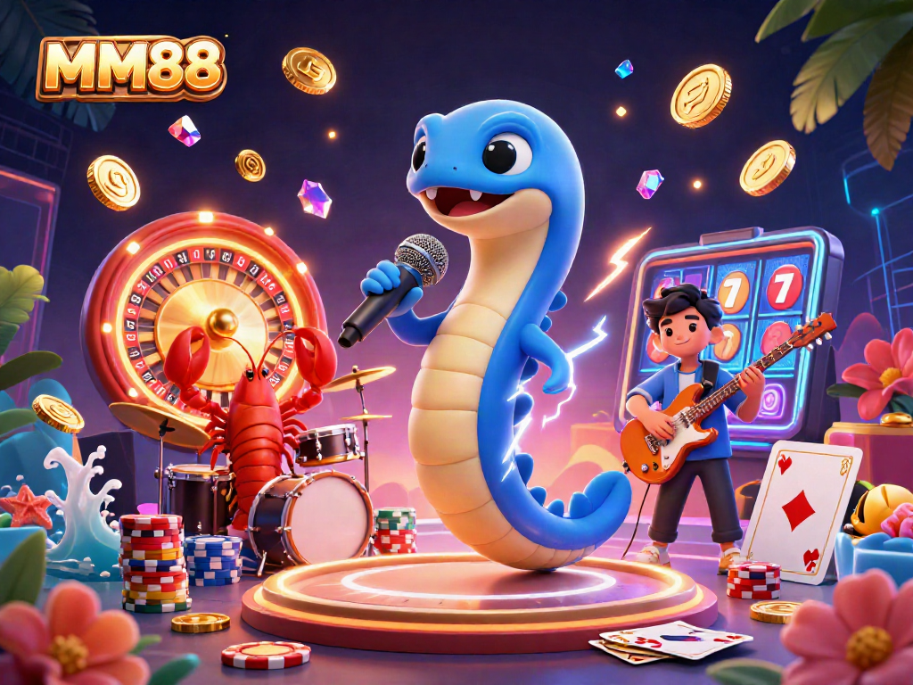 Experience MM88's underwater casino with a DJ eel and vibrant gaming elements swirling around.