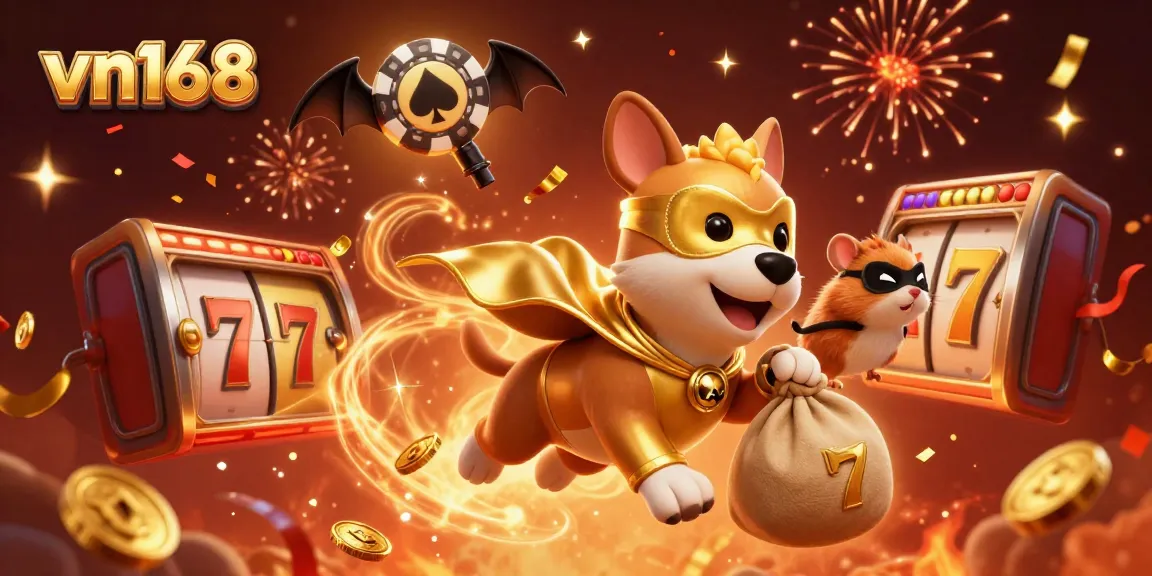 Experience excitement with vn168 as a superhero dog and hamster celebrate jackpot wins in a vibrant casino scene.