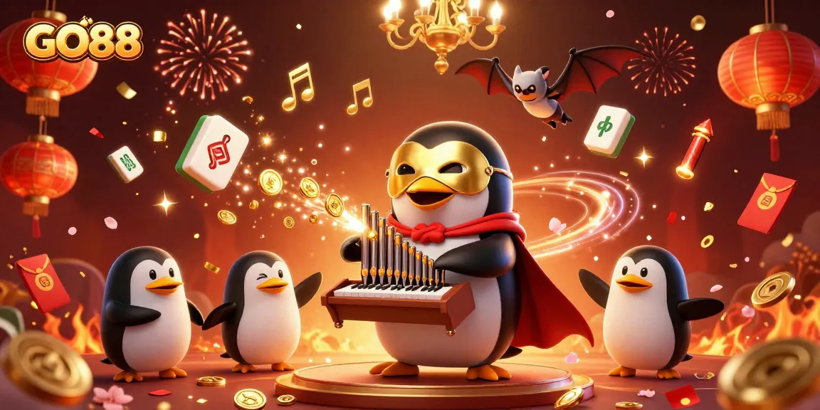 Experience GO88’s exciting gameplay with a golden penguin, acrobat, and riches from a lively casino atmosphere.