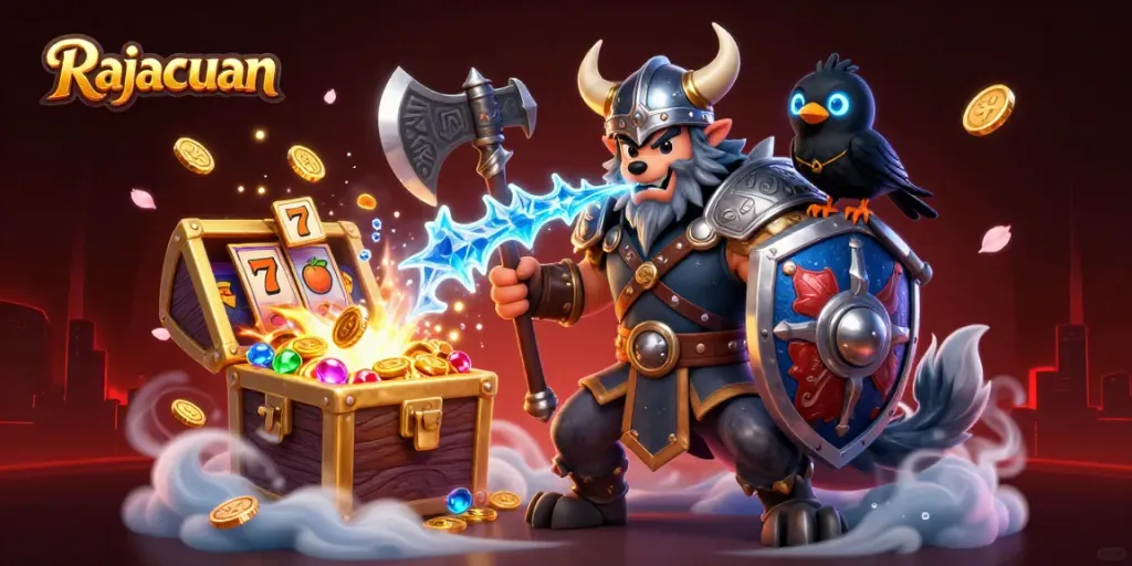 Experience the excitement at Rajacuan with thrilling slot reels, a Viking wolf warrior, and treasures!