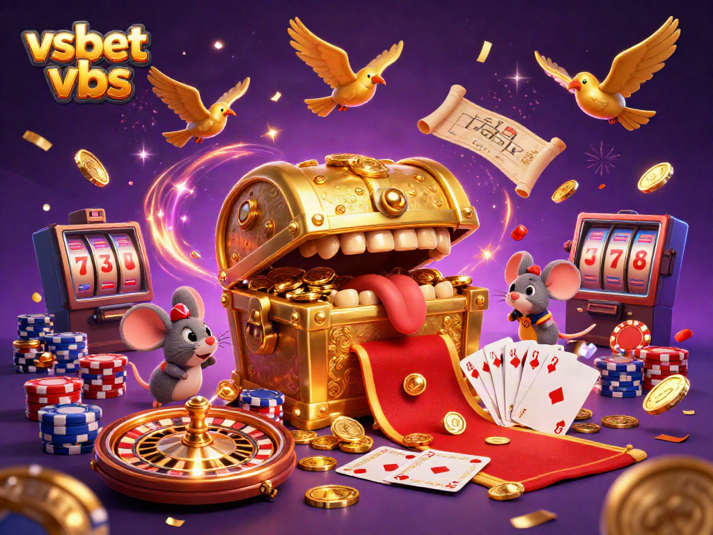 Experience the excitement at vsbet vbs with a vibrant 3D illustration showcasing treasures, games, and winning opportunities.