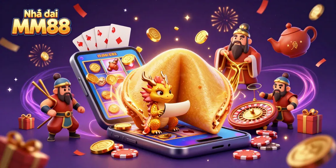 Engage with Nhà cái MM88 in a vibrant casino scene featuring dynamic elements like slot games and golden fortune.