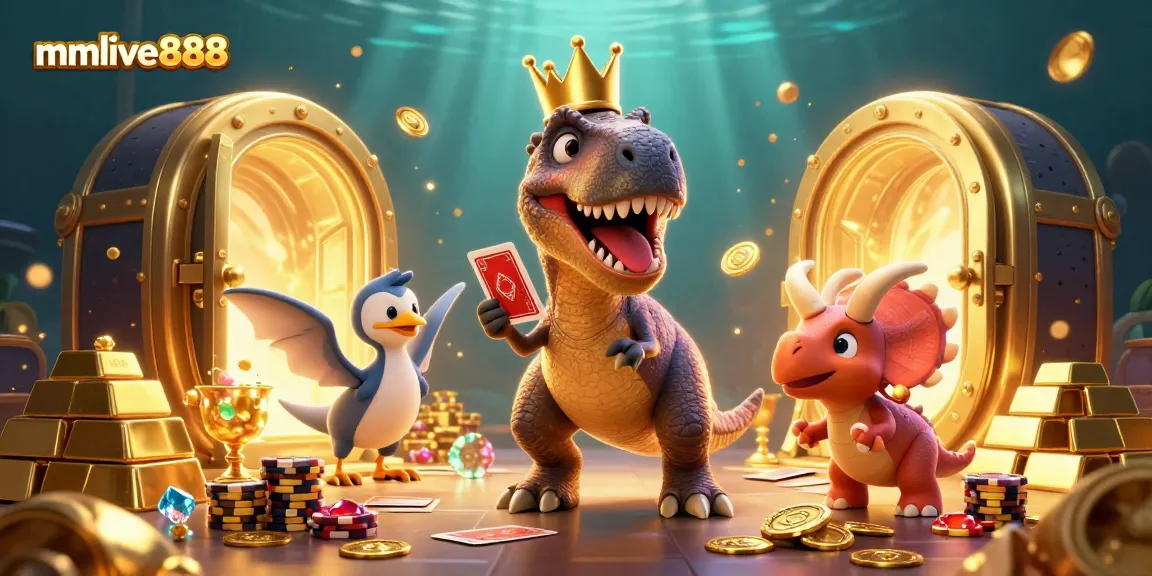 Experience the excitement of mmlive888 with a playful T-Rex shuffling cards in a vibrant casino scene.