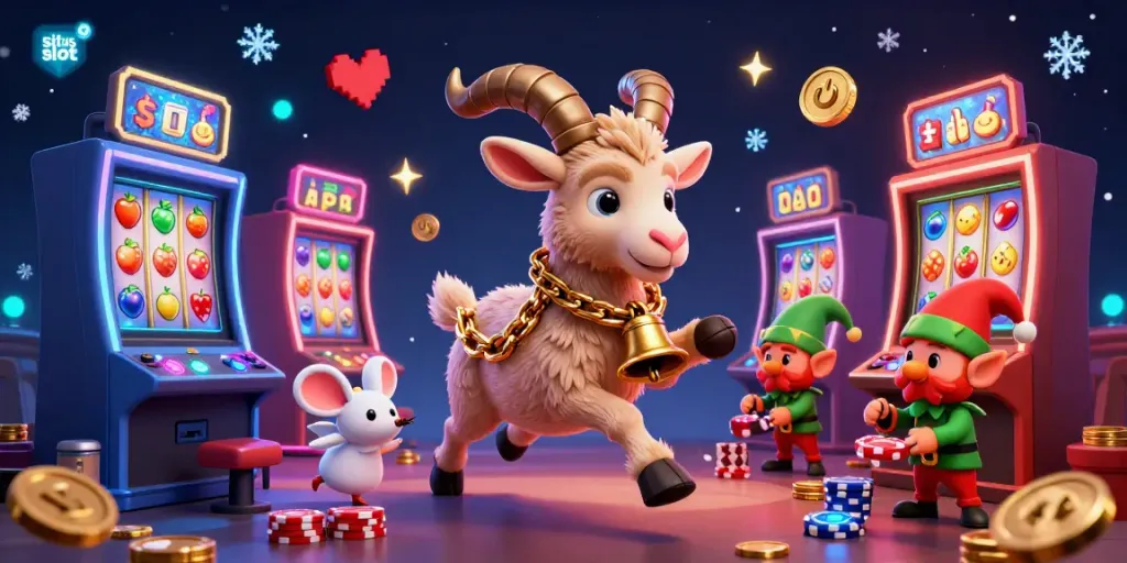 Situs slot features a festive 3D cartoon Krampus goat managing a lively holiday casino scene with dynamic slot machines and playful characters.