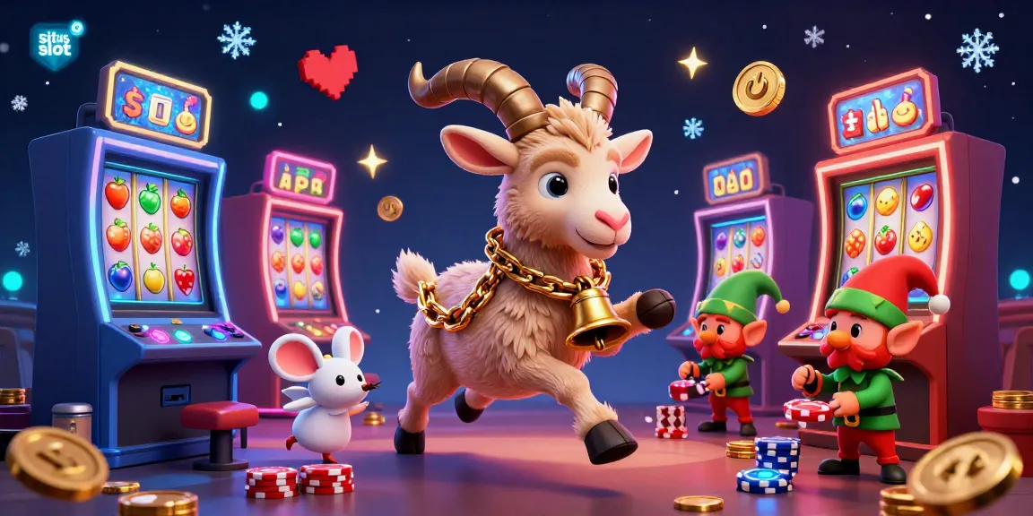 Situs slot features a festive 3D cartoon Krampus goat managing a lively holiday casino scene with dynamic slot machines and playful characters.