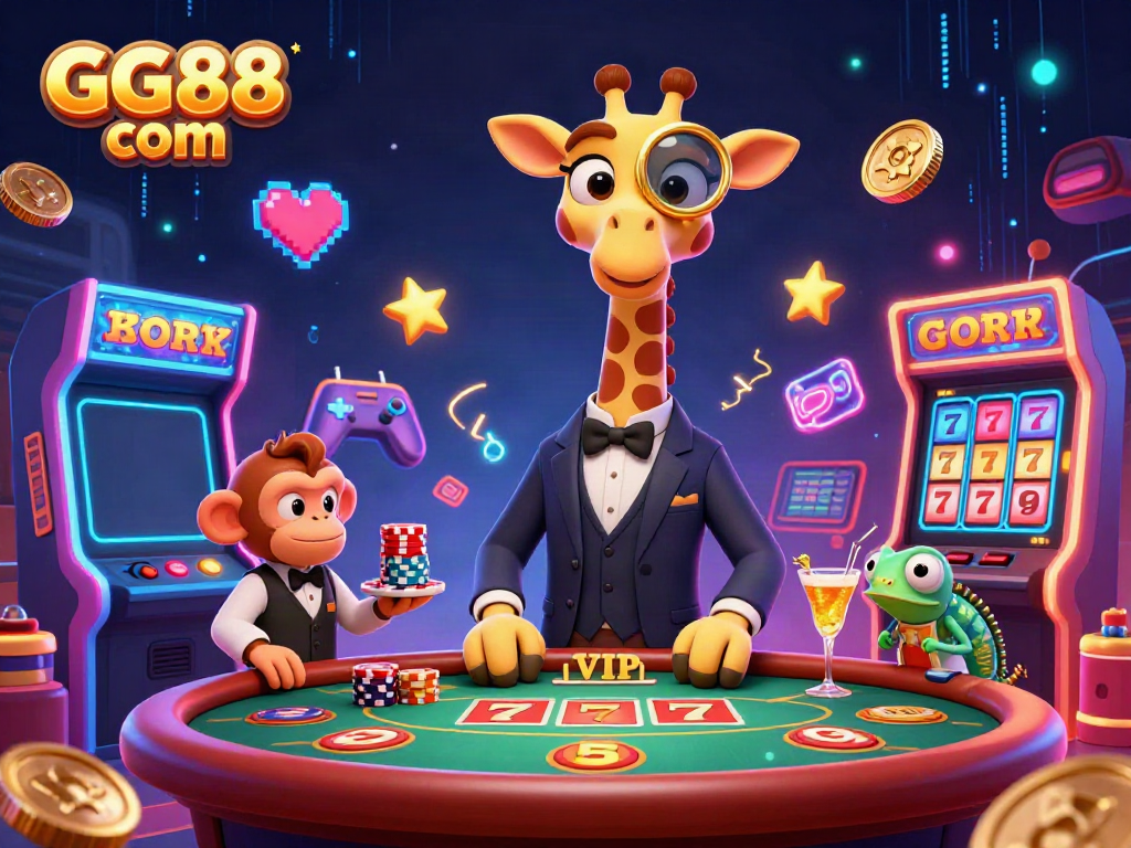 Experience thrilling action at GG88 com with a vibrant 3D casino scene featuring a high-roller giraffe at the poker table.