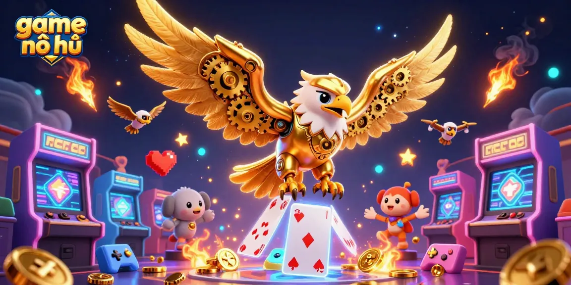Experience the thrill of game nổ hũ with a stunning 3D illustration of a golden eagle amidst gaming elements.