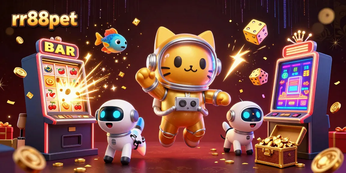 Engage with rr88pet's fun gambling atmosphere featuring a floating astronaut cat and vibrant casino elements.