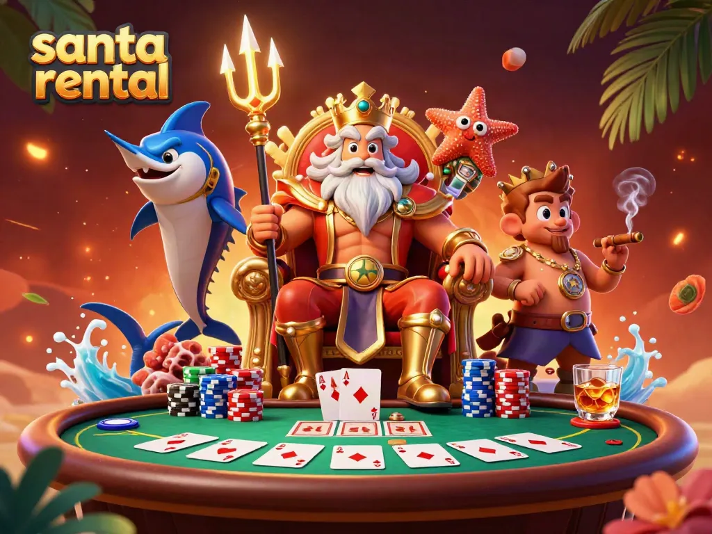 Experience the festive magic of santa rental with this vibrant gambling-themed illustration featuring poker elements.