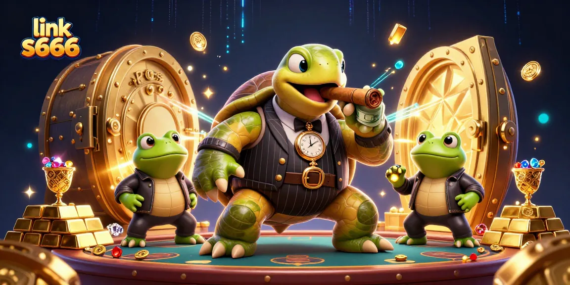 Win big with link s666 in this vibrant casino-themed illustration featuring money and gems.
