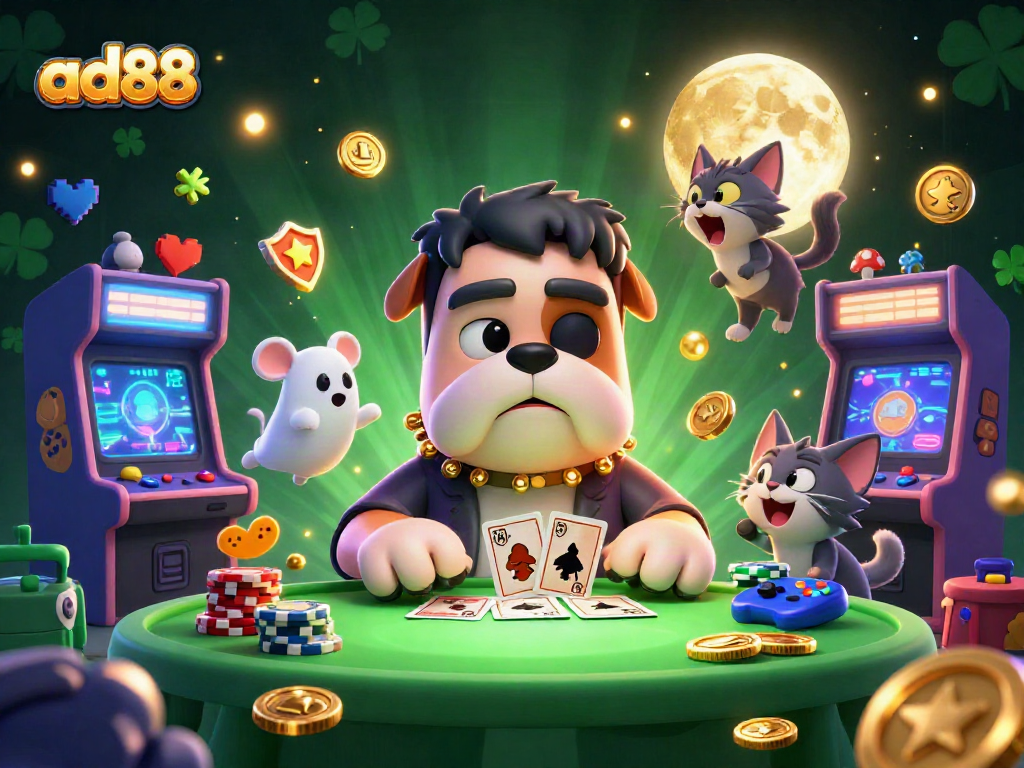 Engage in thrilling gameplay with ad88 at a vibrant casino scene featuring whimsical characters and colorful gaming elements.