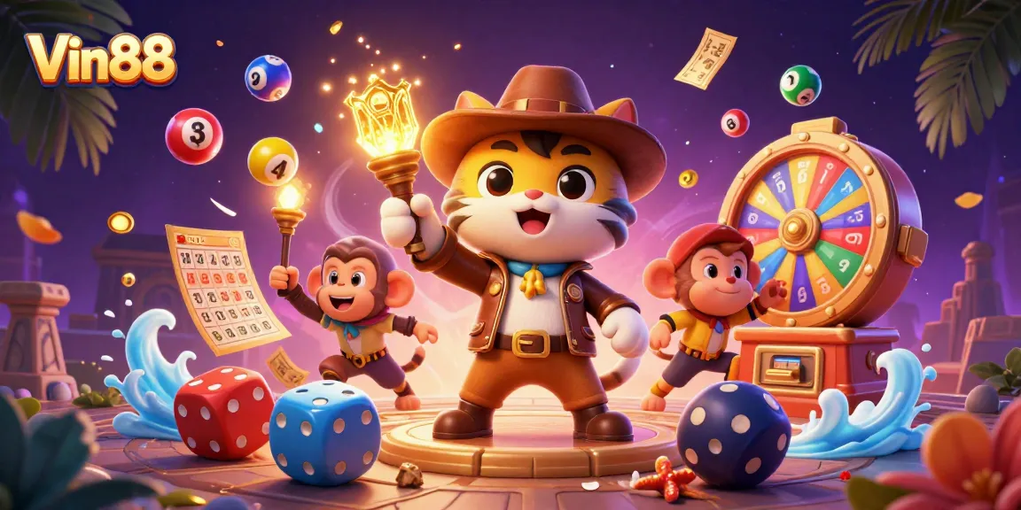 Engage with Vin88 as an adventurous cat uncovers casino treasures in a vibrant 3D art scene.