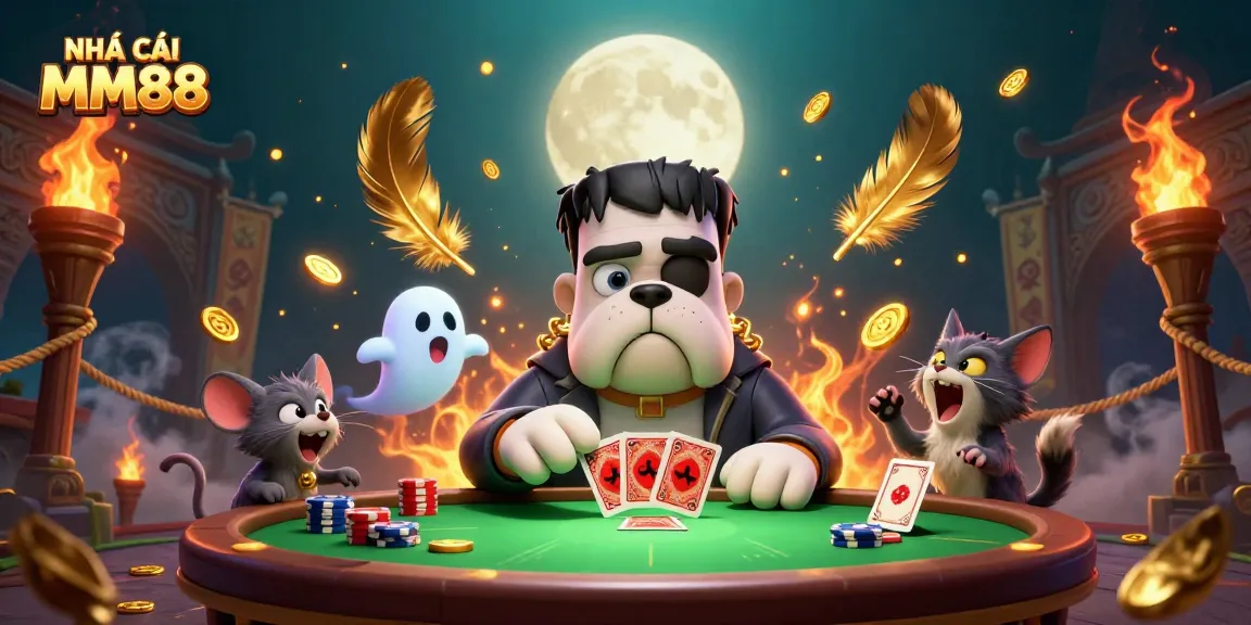 Experience excitement at NHÀ CÁI MM88 with a vibrant casino-themed 3D illustration of unique characters.