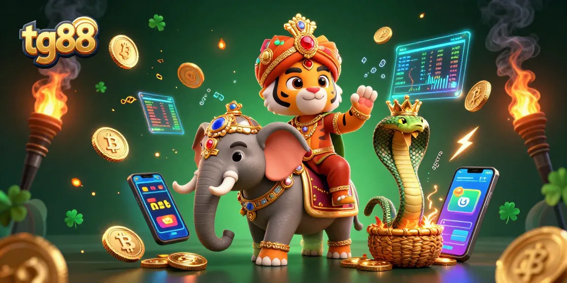 Engage with tg88's excitement through a vibrant 3D casino scene featuring a royal tiger, elephant, and crypto elements.