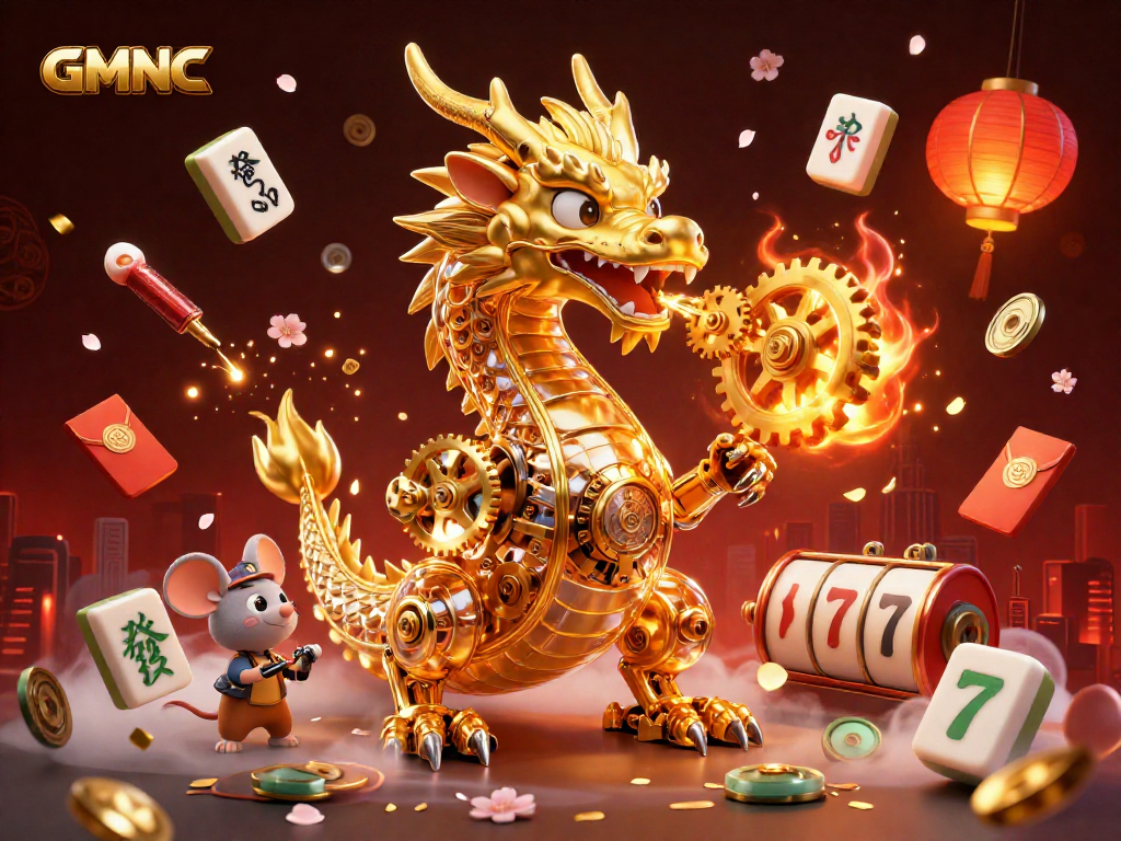 Engage with GMNC's dynamic 3D casino scene featuring a golden dragon and vibrant game elements.